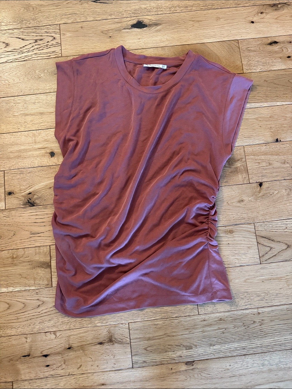 Pink blush maternity top, ruched sides.
